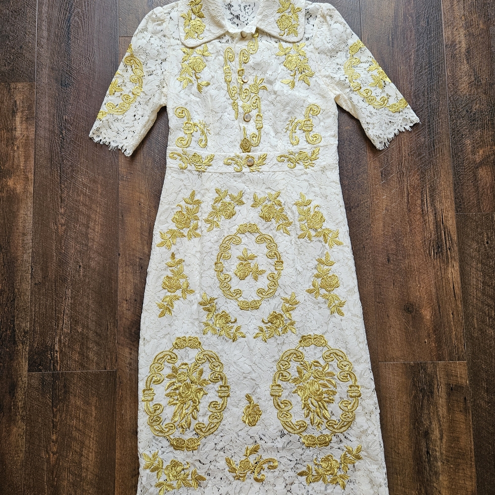 Chic White Lace Dress with Gold Embroidery